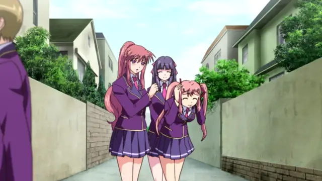 Three anime girls in school uniforms stand together on a residential street, with the girl on the right crying while the one on the left looks concerned and the middle girl looks neutral. Screenshot from Saimin Ryoujoku Gakuen - Episode 1