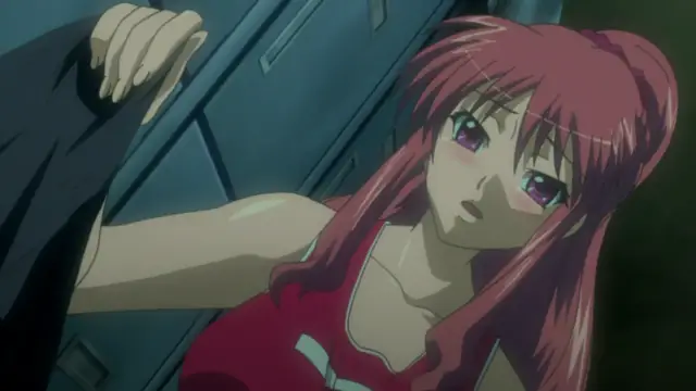 A girl with long red hair and purple eyes is being pressed against a blue locker by an unseen man whose hand is on the locker door, and she has a shocked expression on her face. Screenshot from Saimin Ryoujoku Gakuen - Episode 1