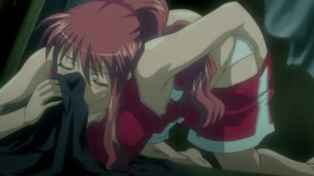 A weeping red-haired anime girl in a red and white sports uniform sits on the floor, holding a black cloth to her face as she cries. Screenshot from Saimin Ryoujoku Gakuen - Episode 1