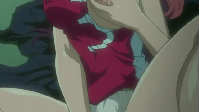 A girl in a red shirt and light-colored skirt is being penetrated from behind by a man while she has her hand over her mouth, her face showing a mix of pleasure and surprise. Screenshot from Saimin Ryoujoku Gakuen - Episode 1