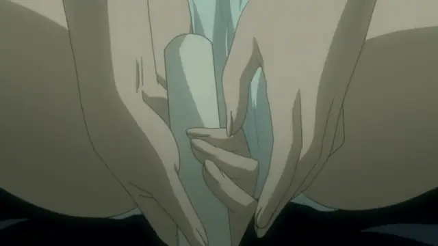 A close-up shot shows a woman with large breasts using her hands to stroke and manipulate a thick, erect penis. Screenshot from Saimin Ryoujoku Gakuen - Episode 1
