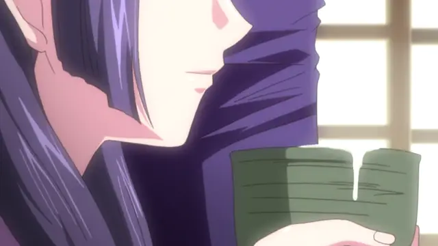 A woman with long dark hair and a purple robe holds a stack of cash in front of her face. Screenshot from Saimin Ryoujoku Gakuen - Episode 1