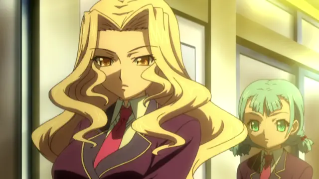 A blonde woman in a school uniform stands in the foreground with a serious expression, while a green-haired girl stands behind her in a classroom setting. Screenshot from Saimin Ryoujoku Gakuen - Episode 2