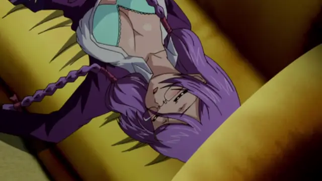 An anime girl with long purple hair and a white and blue bikini top lies on a yellow surface with her clothes pulled open. Screenshot from Saimin Ryoujoku Gakuen - Episode 2
