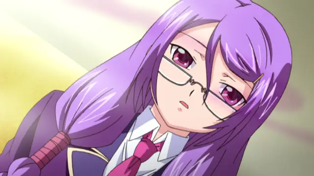 A purple-haired anime girl wearing glasses and a school uniform looks forward with a serious expression. Screenshot from Saimin Ryoujoku Gakuen - Episode 2