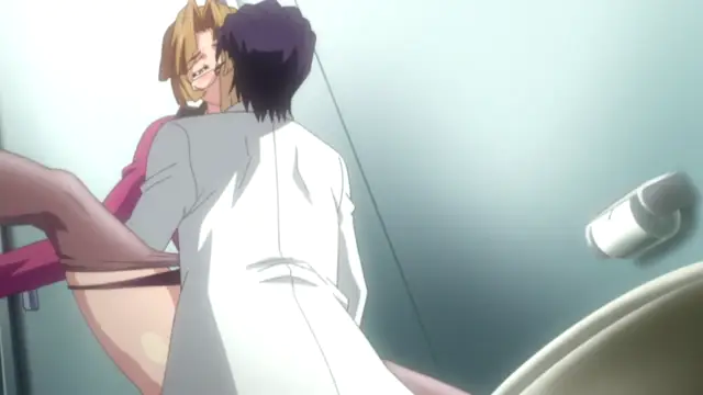 In an anime scene, a man in a white lab coat stands behind a woman with blonde hair and glasses, who is leaning against a table while her skirt is pulled up, revealing her underwear. Screenshot from Saimin Ryoujoku Gakuen - Episode 2
