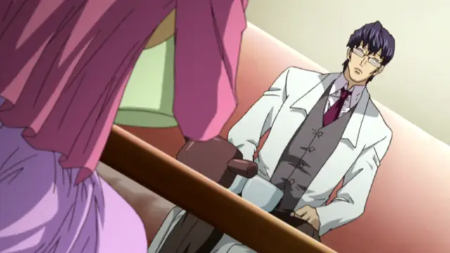 A male anime character with glasses and a lab coat sits in a chair, looking shocked or exhausted as a female character in a pink dress stands partially in front of him. Screenshot from Saimin Ryoujoku Gakuen - Episode 2