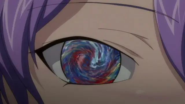 An extreme close-up of an anime character with purple hair and heavy facial lines features an eye where the iris is replaced by a vibrant, swirling galaxy-like spiral of blue, red, and yellow colors. Screenshot from Saimin Ryoujoku Gakuen - Episode 2