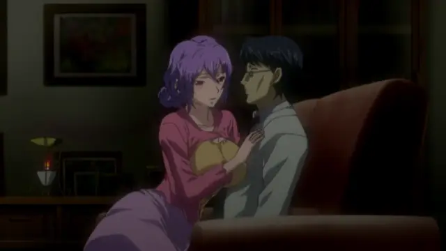 A purple-haired woman in a pink dress leans forward to kiss a man with glasses in a grey shirt while sitting on a brown couch in a dimly lit room. Screenshot from Saimin Ryoujoku Gakuen - Episode 2