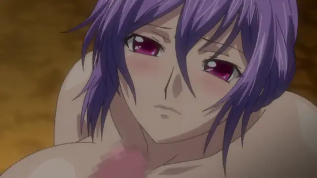 A close-up shot of an anime girl with purple hair and red eyes looking down with a blush on her face while a pink fluid stains her chest. Screenshot from Saimin Ryoujoku Gakuen - Episode 2