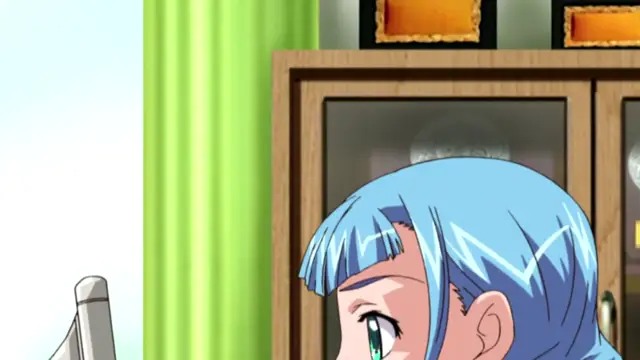 A close-up shot shows a woman with blue hair and green eyes looking ahead with a slight blush. Screenshot from Saimin Ryoujoku Gakuen - Episode 3