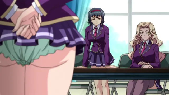 A blonde girl in a purple uniform sits at a desk next to a brunette girl in a purple uniform, while a woman in a purple school uniform stands in the foreground with her skirt pulled up to reveal her panties. Screenshot from Saimin Ryoujoku Gakuen - Episode 3