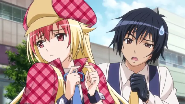 A young woman with long blonde hair wearing a red and yellow plaid hat and coat stands next to a startled black-haired man in a school uniform. Screenshot from Kotowari - Episode 1