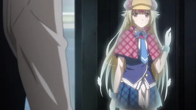 A blonde girl in a school uniform and a pink hat stands in a hallway, looking surprised as she holds a small white object. Screenshot from Kotowari - Episode 1