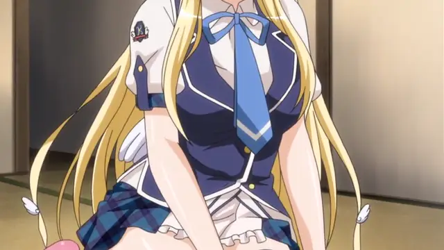 A long-haired blonde girl wearing a sailor-style school uniform with a blue bow and tie looks down with a blushing face while sitting in a classroom. Screenshot from Kotowari - Episode 1