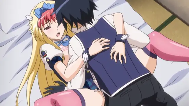 A male character with black hair and a blue vest is on top of a blonde girl in a white outfit and red hairband on a bed, while another girl with red hair and a blue bow watches from behind him. Screenshot from Kotowari - Episode 1