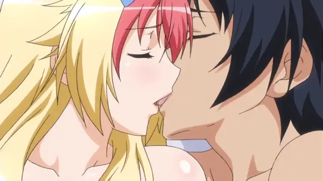 A girl with long blonde hair and a girl with short red hair are both kissing a black-haired man in a close-up shot. Screenshot from Kotowari - Episode 1