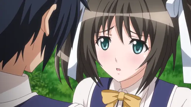 A blushing anime girl with large blue eyes and brown hair in a white and blue outfit looks up at a dark-haired male character with a shocked expression. Screenshot from Kotowari - Episode 1