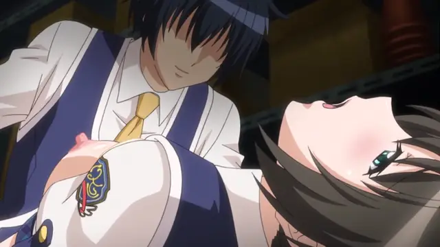A male anime character with dark hair and a school uniform leans over a female anime character lying on a table, exposing her breast. Screenshot from Kotowari - Episode 1