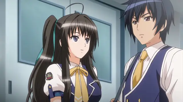 A high school girl with long black hair and a blue and white school uniform stands next to a blue-haired boy in a matching uniform, both looking towards the viewer with neutral expressions. Screenshot from Kotowari - Episode 2