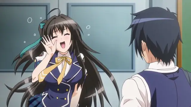 A high school girl with long dark hair, wearing a blue and yellow school uniform, winks and gives a peace sign to a boy with short blue hair from behind. Screenshot from Kotowari - Episode 2