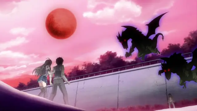A girl and a boy stand on a snowy hill looking at two black dragons with red eyes against a pink sky under a large red moon. Screenshot from Kotowari - Episode 2