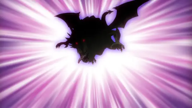 A black dragon with glowing red eyes looms in the center of the frame against a radial burst of pink and white light. Screenshot from Kotowari - Episode 2
