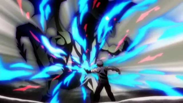 An anime character in a suit faces off against a massive, dark, multi-armed monster being enveloped in intense blue and red energy flames. Screenshot from Kotowari - Episode 2