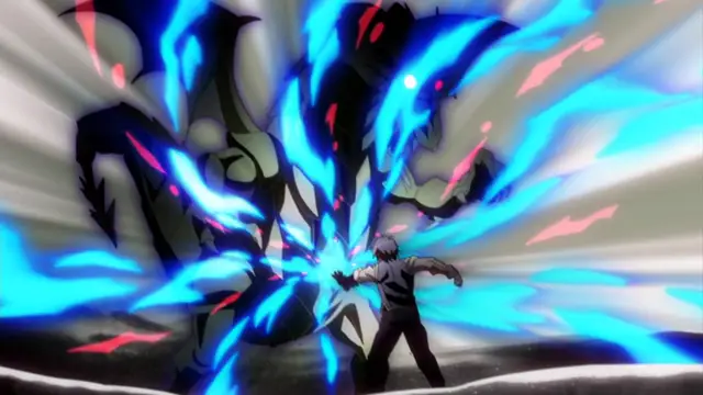 A male character with blue hair and a school uniform stands facing a large, monstrous creature made of black and blue energy, releasing a burst of blue flames from his hands. Screenshot from Kotowari - Episode 2