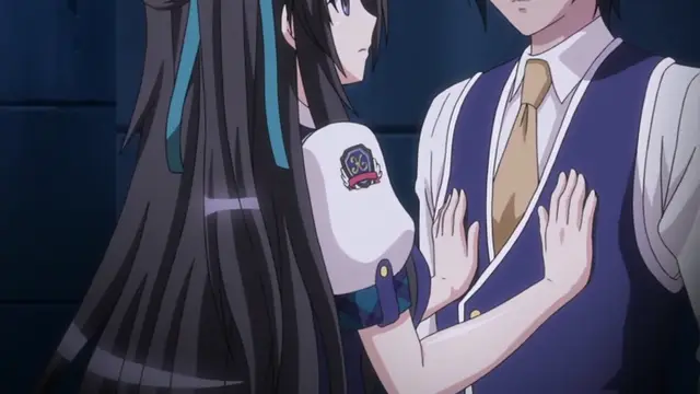 A girl with long dark hair and blue ribbons leans against a young man in a blue vest and gold tie, her hands resting on his chest as they look at each other in a close, intimate moment. Screenshot from Kotowari - Episode 2