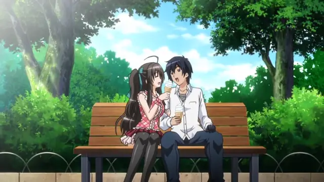 A girl with long dark hair and a boy in a lab coat sit together on a wooden park bench, both holding glasses of beer and smiling. Screenshot from Kotowari - Episode 2