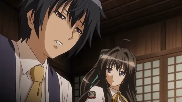 A young man with dark hair and a yellow tie stands next to a small girl in a white and gold outfit in a traditional Japanese room. Screenshot from Kotowari - Episode 2