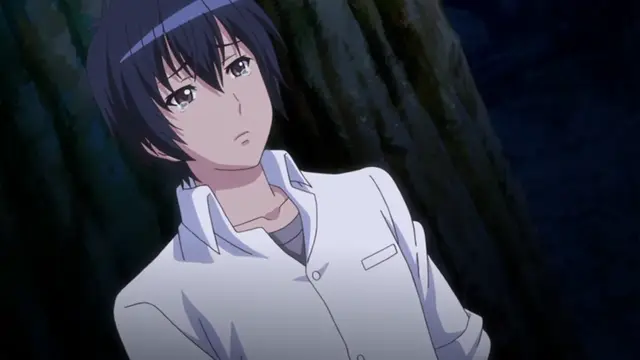 An anime girl with dark hair and a white collared shirt looks up with a surprised expression while standing in a dark forest. Screenshot from Kotowari - Episode 2