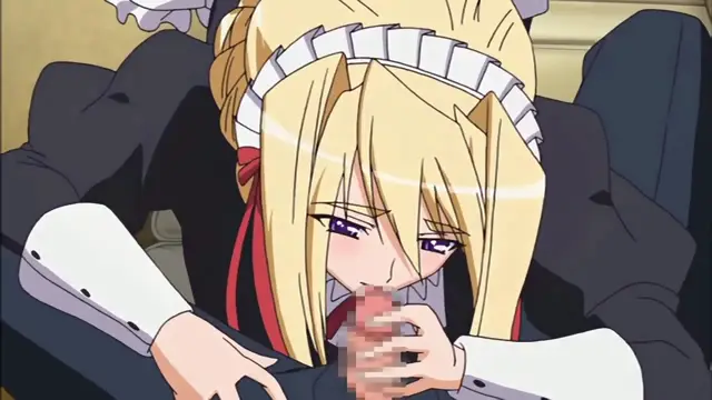 A blonde girl in a maid outfit with a ruffled headband and a red ribbon looks downward with a blushing face while being held from behind by a man in a suit, her breasts being squeezed and her mouth being covered. Screenshot from Princess Lover OVA - Episode 1