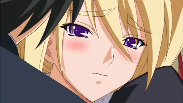 A blonde anime girl with blushing cheeks and heavy eyelids leans against the shoulder of a black-haired male character. Screenshot from Princess Lover OVA - Episode 1