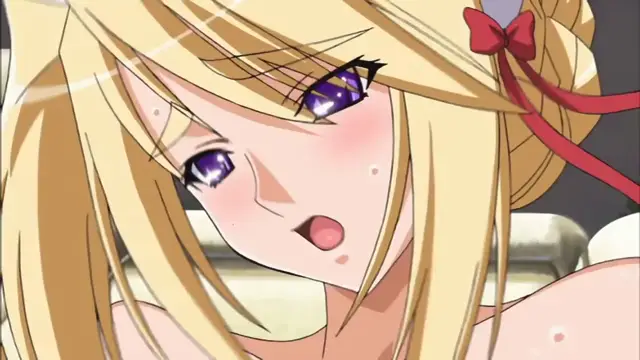 A blonde girl with purple eyes and a red ribbon in her hair has a dazed, blushing expression with her mouth slightly open while looking toward the viewer. Screenshot from Princess Lover OVA - Episode 1