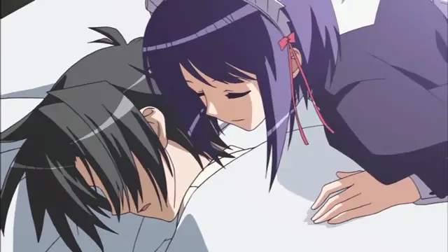 A young woman with dark purple hair and ribbons leans over an unconscious or sleeping man, her hand resting on his chest in an intimate pose. Screenshot from Princess Lover OVA - Episode 1