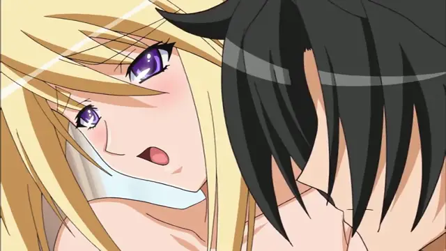 A blonde woman with blushing cheeks and purple eyes looks up with a shocked expression at a black-haired man who is positioned closely over her. Screenshot from Princess Lover OVA - Episode 2