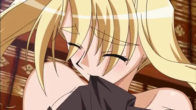 A blonde anime girl with a flushed face and closed eyes looks down with a satisfied expression while being penetrated from behind. Screenshot from Princess Lover OVA - Episode 2