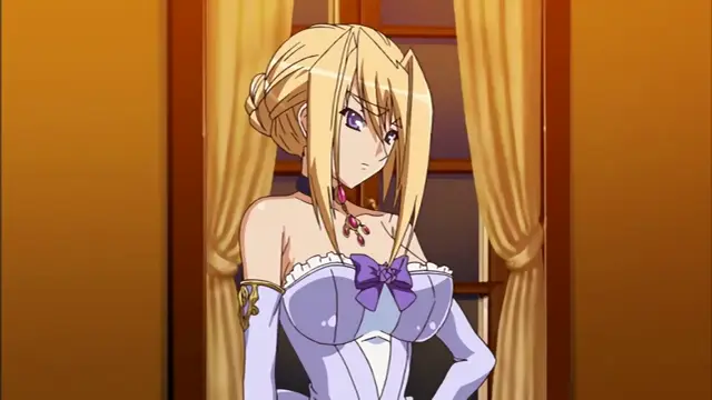 A blonde woman with an angry expression wears a revealing purple and white dress with a large bow and heart-shaped detailing on the chest while standing in front of a window with yellow curtains. Screenshot from Princess Lover OVA - Episode 2