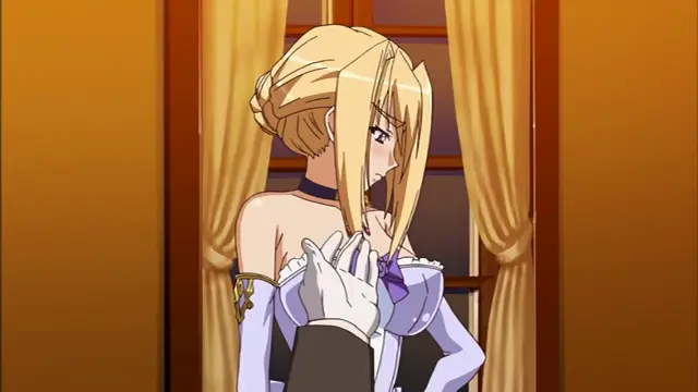 A blonde woman in an elegant white and purple dress looks down bashfully with a blush on her face while a man in a white glove places his hand on her chest. Screenshot from Princess Lover OVA - Episode 2