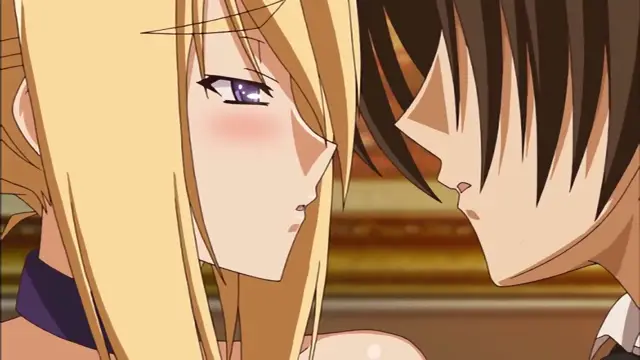 A blonde anime girl with blushing cheeks leans in close to a black-haired anime boy, their faces nearly touching in an intimate moment. Screenshot from Princess Lover OVA - Episode 2