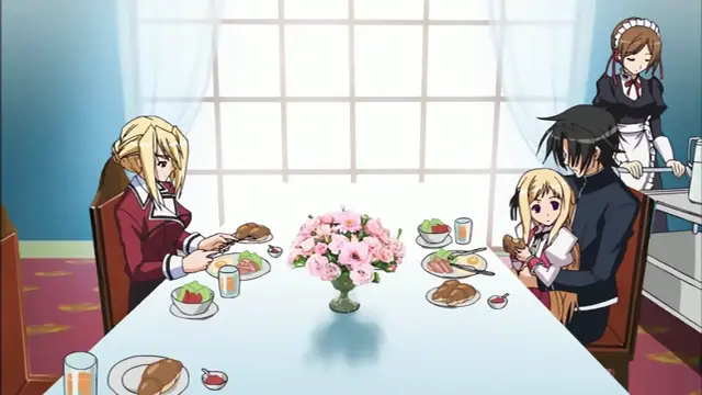 A blonde woman in a red dress sits at a dinner table with a shocked expression as a black-haired man sits next to a small blonde girl, while a maid stands in the background near a table. Screenshot from Princess Lover OVA - Episode 2