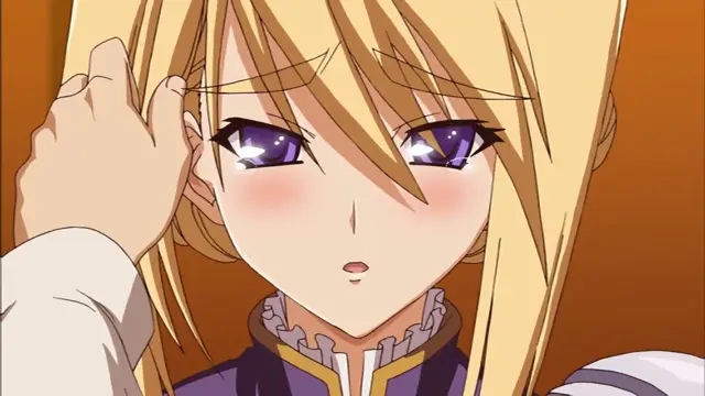 A blonde anime girl with purple eyes and a blushing face looks shocked as she reaches up to touch her hair. Screenshot from Princess Lover OVA - Episode 2