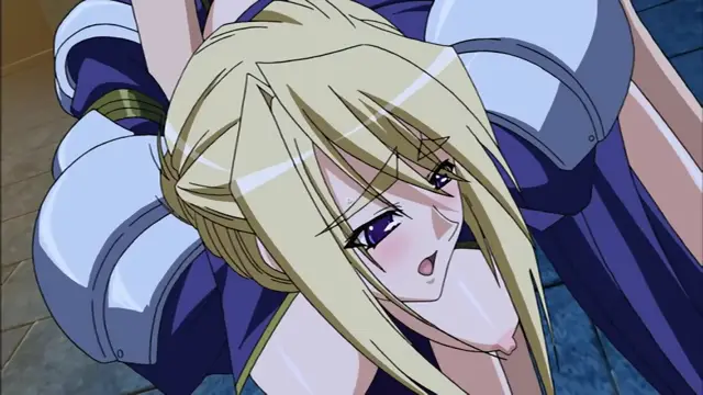 A blonde woman with purple eyes and a flushed face lies on her back with her arms raised behind her head, wearing a blue and silver armor-like outfit. Screenshot from Princess Lover OVA - Episode 2