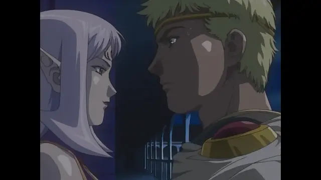 A white-haired woman and a short-haired man with a golden crown look at each other with sad expressions in a dungeon cell. Screenshot from Himekishi Lilia - Episode 1