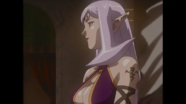 A light-skinned elf with long lavender hair and pointed ears, wearing a purple and gold outfit, stands in profile looking toward the left. Screenshot from Himekishi Lilia - Episode 1