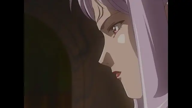 A close-up side profile of a light-skinned woman with long lavender hair and a distressed expression looking toward the left. Screenshot from Himekishi Lilia - Episode 1
