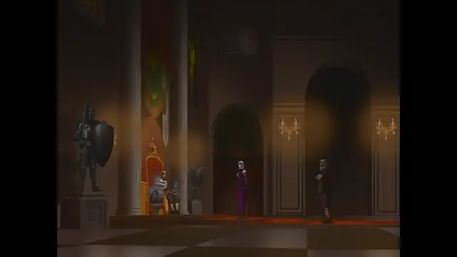 A high-fantasy scene depicts a woman in a purple dress standing in a grand throne room before a seated king and an armored knight, with a man in a black suit standing to her right. Screenshot from Himekishi Lilia - Episode 1