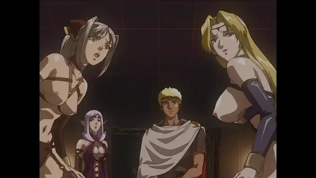 A blond man stands between a large-breasted, long-haired woman and a grey-haired woman in revealing outfits, while a small elf-like woman watches from the side. Screenshot from Himekishi Lilia - Episode 1